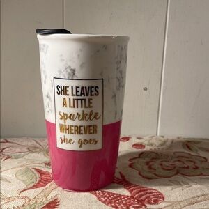 Pink White Travel Mug Quote "She Leaves A Little Sparkle Wherever She Goes"